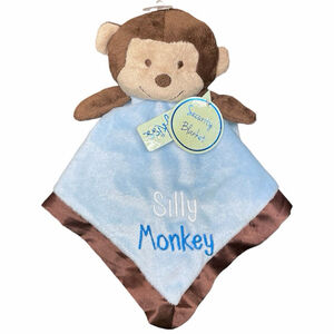 Baby Kiss Silly Monkey Lovey Blue Brown Security Blanket Satin Back Plush READ